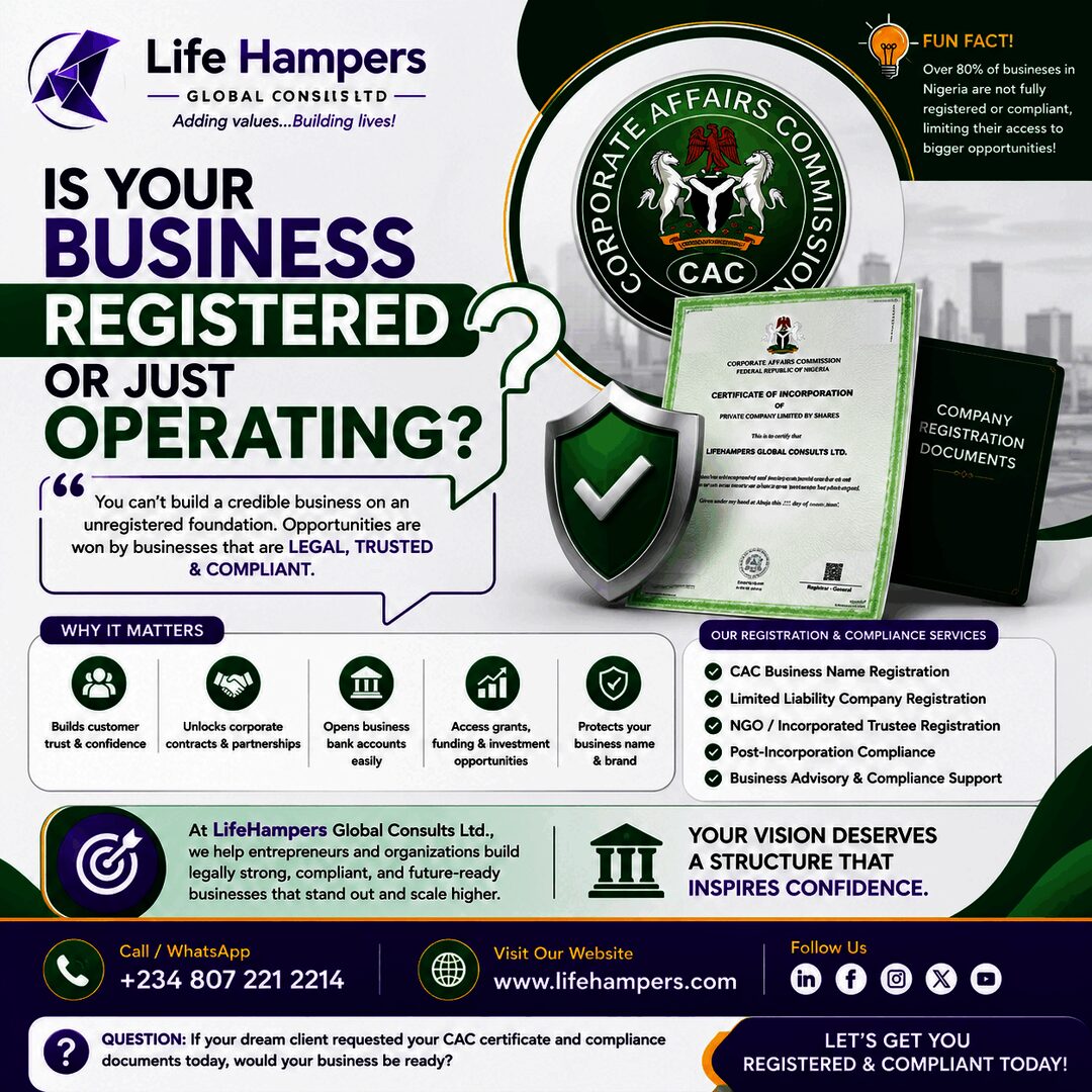 Lifehampers flyer: Is your business registered or just operating? CAC registration and compliance services
