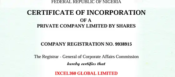 CAC certificate of incorporation for IXCEL360 Global Limited, registered by Lifehampers Global Consults