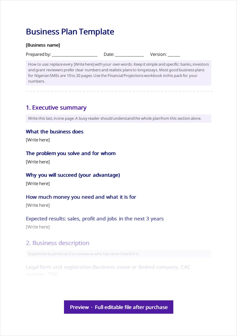 Business plan template preview, Business Plan and Loan Proposal Pack