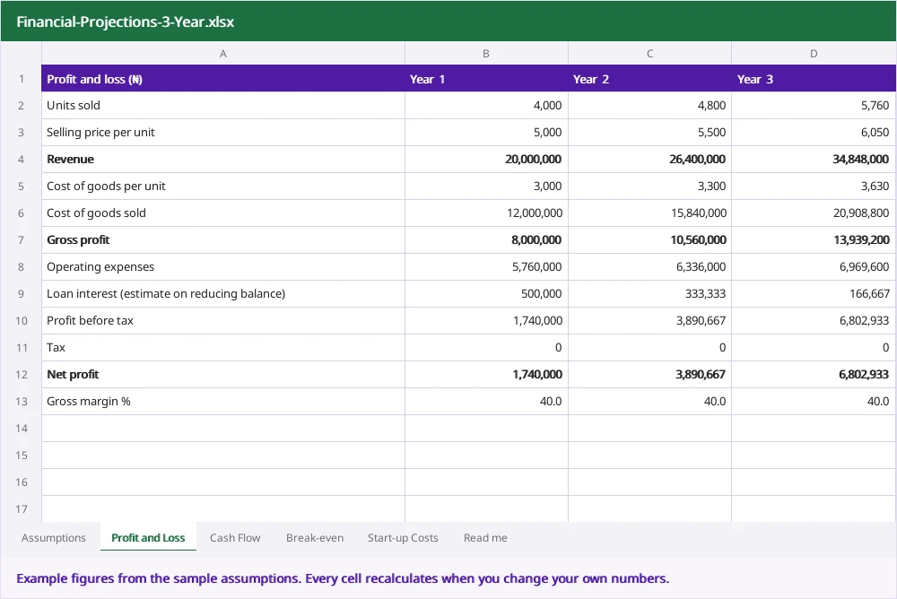 3-year financial projections (Excel) preview, Business Plan and Loan Proposal Pack