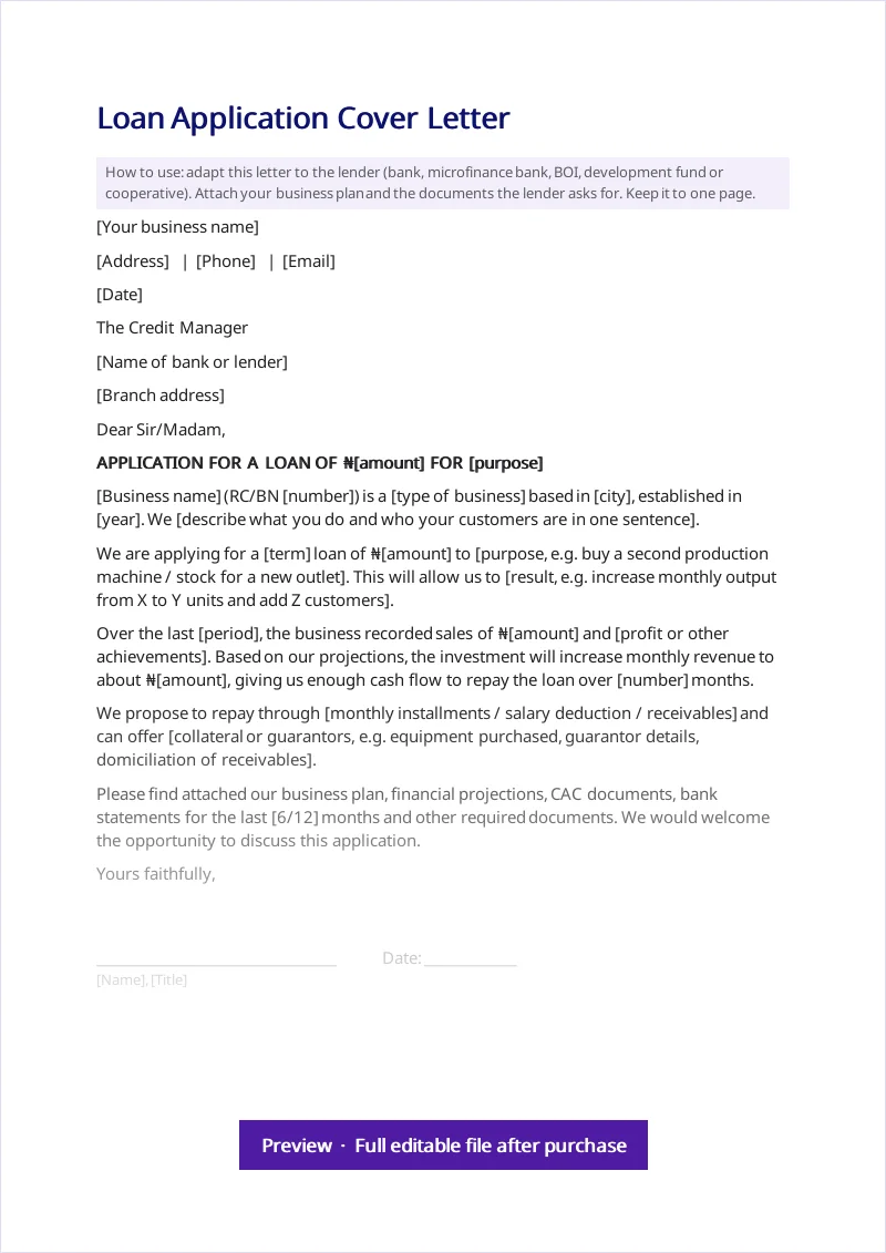 Loan application letter preview, Business Plan and Loan Proposal Pack