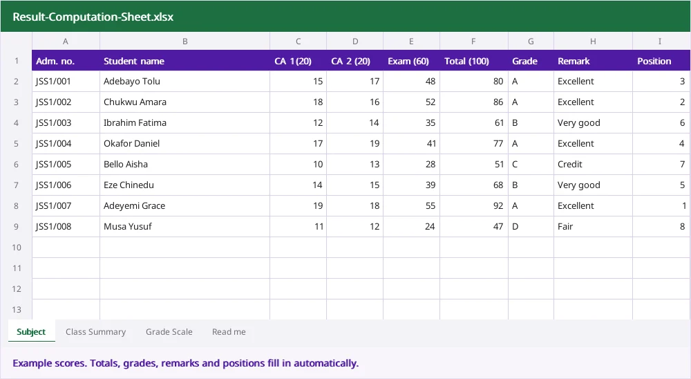 Result computation sheet (Excel) preview, School Admin Pack