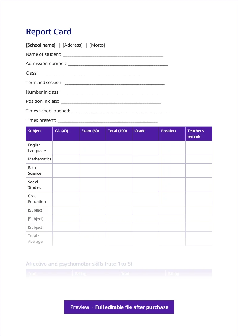 Report card preview, School Admin Pack