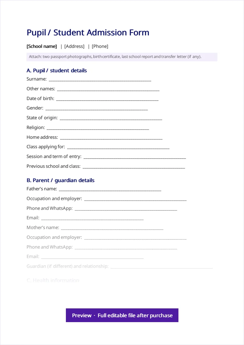 Admission form preview, School Admin Pack