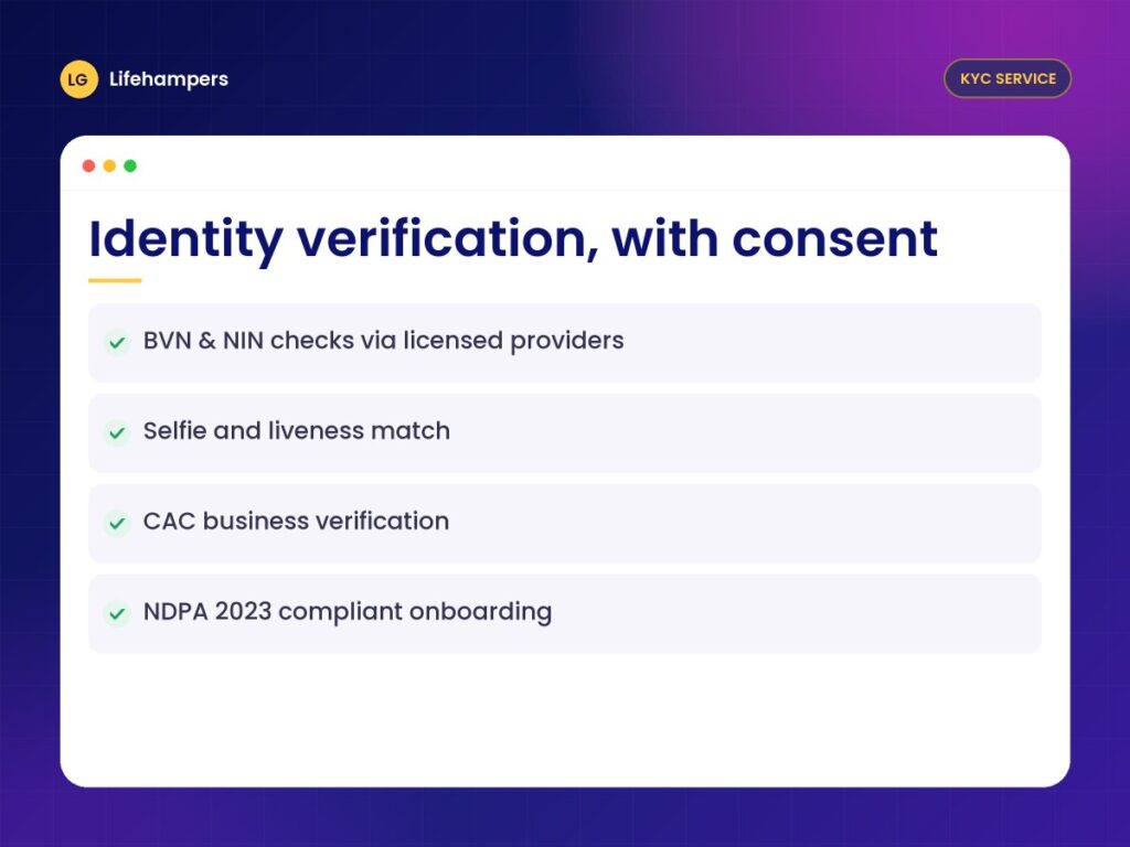 Identity verification (KYC) service: consent-based BVN, NIN, liveness and CAC checks for Nigerian businesses