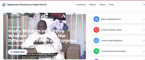 Spokesman Sanctuary of Hope Church website homepage, a Lifehampers bulk SMS marketing client